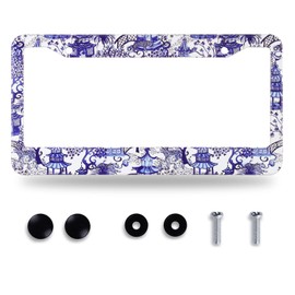 Blue Willow Porcelain Chinoiserie Inspiration License Plate Frame Plate Beautiful Holder Stainless Steel Auto Parts License Plate Decoration with Screws Size 12.3" x 6.3" Men Women