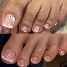 2 Packs 48Pcs French Tip Press on Toenails Short Square Fake Toe Nails Flowers Rhinestone Design Glossy Acrylic False Toenails Full Cover, Glue Stick On Nails for Women's Manicure