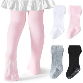 Coziwill Socks Baby Tights Non Slip Toddler Stockings Tights with Grippers Seamless Soft Cotton Cable Knit Baby Girl Leggings 3-6 Months Newborn 4 Pack (Black+Grey+Pink+White, XS)