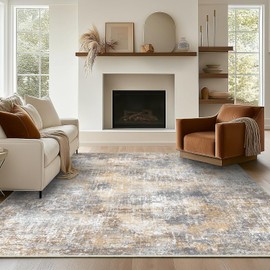 Bavni 8x10 Area Rugs Machine Washable Rug for Living Room, Modern Abstract Rug Indoor Soft Area Rug for Bedroom Dining Room, Ultra-Thin Low Pile Carpet with Non Slip Rubber Backing, Ocher Gray