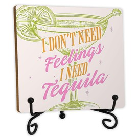 SkipTiger Bar Signs, I Don't Need Feelings I Need Tequila Pink Margarita Cocktail Wooden Desk Sign, Tequila Gifts, Retro Wood Plaque With Stand for Home Bar Club Lounge Desk Tabletop Shelf Decor