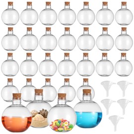 Homaisson 30 Pcs Plastic Bottles with Corks, 6.8oz/200ml Ball-Shaped Craft Vessels - Clear Spherical Containers with Funnels, Mini Potion Jars for Liquid Storage & DIY Keepsakes