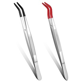 2 Pcs Tweezers Curved Bent Tip Craft Tweezers with Rubber Tips PVC Coated Long Stainless Steel Tweezer Metal Sticker Tweezer for Lab Jewelry Craft Tool Making DIY Crafting Stamp Red and Black