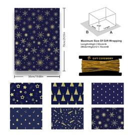 Christmas Blue Wrapping Paper,6 Sheets Blue with Gold Star Gift Wrapping Paper Christmas Tree Snowflake Wrapping Craft Paper with Golden Rope for Xmas New Year Man Women Kids Gift Wrap,28*20 Inch
