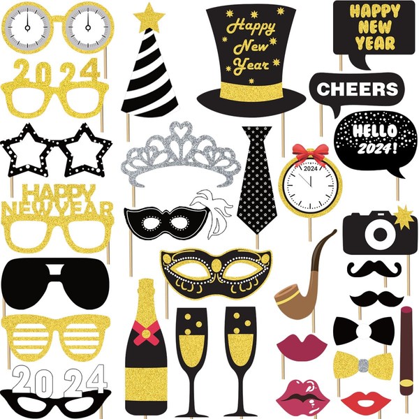 New Year Party Decorations 2024 - 30 Pieces - Photo Booth Props Happy New Year, Funny New Year Photo Props, New Year's Eve Dinner Accessories