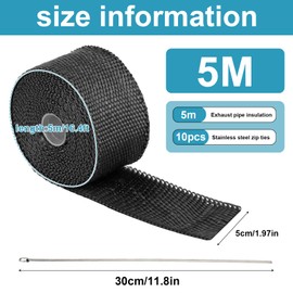 Jortmrd 5M Hitzeschutzband Auspuff Dichtband Hitzeschutz Auspuff Bandage mit 10 Kabelbinder Edelstahl Schwarz Hitzeschutzband Thermoband Auspuffband für Motorrad, Auto