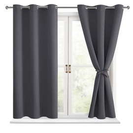 Hiasan Short Blackout Curtains for Bedroom - Thermal Insulated & Light Blocking Window Curtains for Living Room, 2 Drape Panels Sewn with Tiebacks, Dark Grey, 42 x 45 Inch