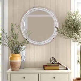 TOOLTENG 24'' Round Wall Mounted Mirror, Wood Decorative Circle Mirrors, Boho Mirrors with Beaded Frame, Rustic Vanity Mirror, Distressed Mirror for Bathroom, Living Room, Bedroom, Entryway