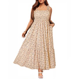 Women Plus Size Summer Dresses Floral Sleeveless Sundress Spaghetti Strap Smocked Casual Maxi Dress with Pockets