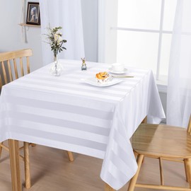 Hiasan White Striped Square Tablecloth - Spillproof and Stainproof Washable Polyester Fabric Table Cloth for Outdoor Picnic, Banquet and Dining Room, 54 x 54 Inch