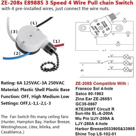 2PS Ceiling Fan Switch Zing Ear ZE-208s E89885 3 Speed 4 Wire Pull Chain Switch Fan Light Switch Replacement Part With 4 Pre-Installed Wires(Black Chain)