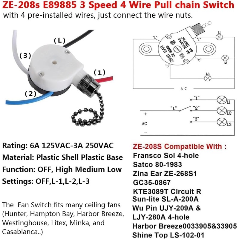 2PS Ceiling Fan Switch Zing Ear ZE-208s E89885 3 Speed