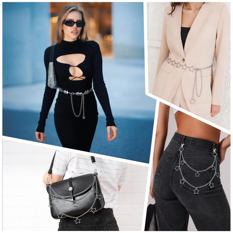 IHFAIO Y2K Chain Belts for Women, Star Waist Chain, Silver
