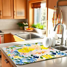 Flower Drying Mat 16" X 18" Yellow flower Kitchen Counter Stone Dish Drying Mats For Kitchen Counter Blue Floral Drying Mats For Home Counter Drying Mats For Dishes Table Mat Drying Kitchen Mat