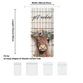 Hongma Highland Cow Get Naked Shower Curtain, 36x72 Inch Polyester Half Size Stall Shower Curtains with Hooks Waterproof Funny Letters Flower Animal Print Decorative Bath Curtain for Bathroom Decor
