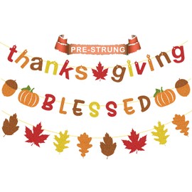 Simife Thanksgiving Decorations - Glittery Thanks Giving and Blessed Banner Sign, Fall Leaves Garland for Thanksgiving Decor, Autumn Decor, Fall Decorations