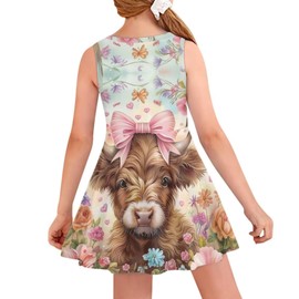 Uourmeti Flower Highland Cow Kids Twirly Dresses for Girls 5-6 Years Sleeveless Tank Play Dress A Line Princess Dresses for Toddler Casual Summer Dresses Teens Sundresses Knee Length