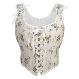 KissKoo Corset Tops for Women Renaissance Vintage Lace Up Floral Overbust Boned Bustier Bodice Vest (White, S)