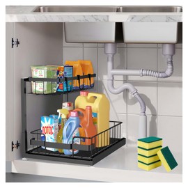 Under Sink Organizer, 2 Tier Under Sink Organizers and Storage, Slide Out Pull Out Metal Cabinet Organizer Shelf for Kitchen Bathroom Pantry Cabinet Closet Organization Rack