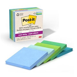 Post-It, 3M, Notas Adhesivas Super Sticky, 100% recicladas, Colección Oasis, Colores varios, 76mm x 76mm, 5 blocks con 70 hojas cada block