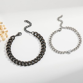 Matching Couple Cuban Chain Bracelets Gifts for Boyfriend Husband Soulmate Girlfriend Valentine's Day Anniversary Birthday Christmas Jewelry Gifts,Adjustable Size (Happy Anniversary, Black+Silver)