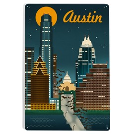 Lantern Press 12x18 Inch Metal Sign, Austin, Texas, Retro Skyline