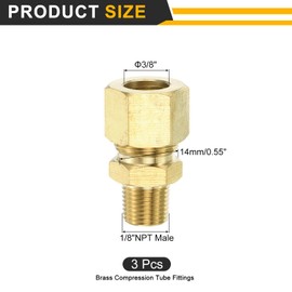 sourcing map 3Pcs Brass Compression Tube Fitting, 3/8" Tube OD x 1/8" NPT Male Connector Straight Coupling Adapter Union Fittings
