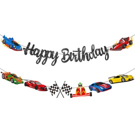 Race Car Birthday Banners Race Car Birthday Party Decorations 2Pcs Racing Happy Birthday Banner Race Fan Party Cutout Banner for Car Themed Baby Shower Supplies