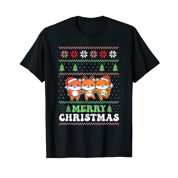 Merry Christmas Retro Ugly Christmas Fox T-Shirt, black