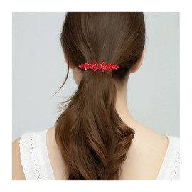 EVER FAITH Bridal Crystal Flower Hair Barrette Clip for Woman, Marquise Round Rhinestone Cluster Hair-Barrette for Banquet Red Silver-Tone