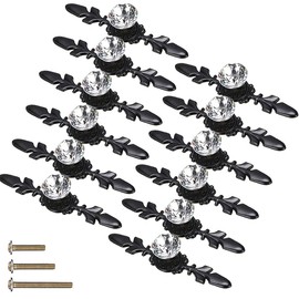 ESreake 12 Pack Black Diamond Clear Crystal Glass Decorative Knobs with Plate,Drawer Dresser Knobs Pulls Handles with 3 Kinds of Screws for Kitchen Bathroom Office Decoration (12 Pack, Small, Black)