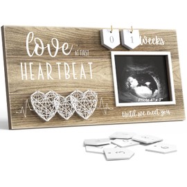 Baby Sonogram Picture Frame with Countdown Weeks - 3 Hearts Design, 4"x3" Ultrasound Photo, Pregnancy Announcements, Gender Reveal Baby-Shower Gift, New Mom Expecting Parents to Be Keepsake Gifts