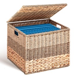 Decorative File Box 14 x 12 x 11 in Wicker Seagrass File Basket Organizer for Letter Size Hand Woven Hanging Filing Cabinet with Lid for Document Folder Home Office Decor, Water Hyacinth, Tricolor