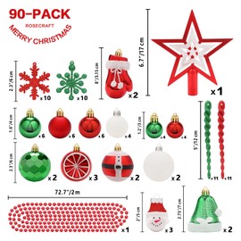 SY Super Bang Christmas Ornaments Set, 90PCS Shatterproof Christmas Hanging Ornaments for Xmas Tree Decorations, for Indoor Holiday Party Thankgivings Christmas Decor-RedWhiteGreen.