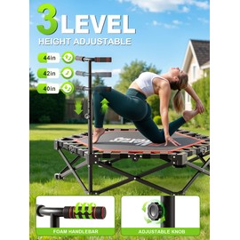 FitNexus 42" Foldable Mini Trampoline- 450lb Capacity Fitness Rebounder w/3-Level Adjustable T-Bar, Adults Workout Trampoline, Non-Slip Pad | Foldable Design for Home/Gym (Black Red)