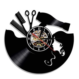 Zhiyi Vinyl Record Wall Clock Hairdresser Gift Salon Scissors Diameter 30 cm