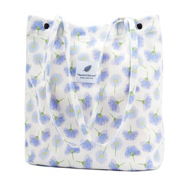 Corduroy Tote Bag Cute Tote Bags for Women Shoulder Bag with Inner Pocket for Work Beach Travel and Shopping Grocery, Green, Large, Blue Purple Flower