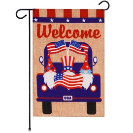G128 Garden Flag Welcome Three Gnomes in Patriotic Truck 12"x18" Burlap Fabric