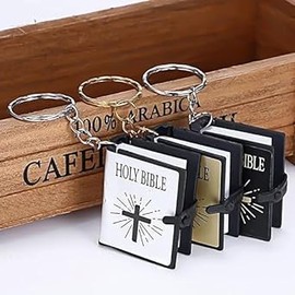 Junfamilee 3 Pcs (Black Silver Gold Bible Covers) Bible Keychain,Miniature Real Bible Key Chains Keyrings Handbag Pendant Xmas Gift Religious Favors, Car Keychain