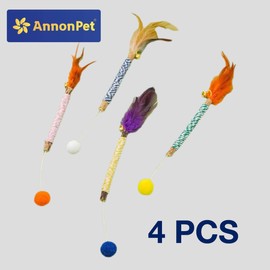 AnnonPet® Happy Paws Set of 4 Interactive Sticks Natural Cat Grass Toy with Feathers and Ball Accessories for Cats and Kittens