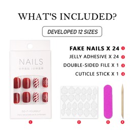 Christmas Press On Nails Short Square, 24pcs Christmas Striped Fake Nails, Red, White & Striped Nails with Snowflakes Designs Stick On Nails, Christmas Nail Accessories for Women Girls