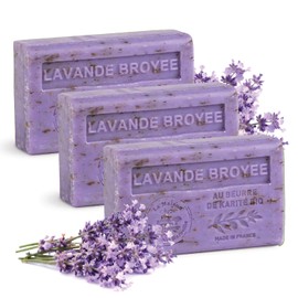 La Maison du Savon de Marseille Hand & Body Soap Bars Trio - Exfoliating Lavender Moisturizing French Soap with Organic Shea Butter - Rich Creamy Lather - 97% Natural Ingredients - Solid Bath Cleanser Made in Provence - 3x4.4 oz