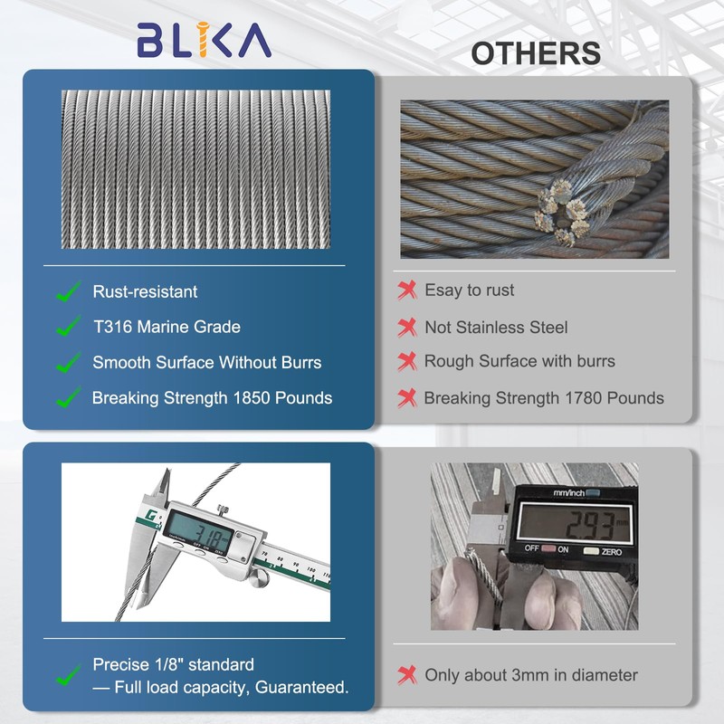 BLIKA 200FT 1/8" Stainless Steel Cable, T316 Marine Grade, Stainless