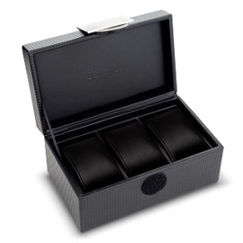 Glenor Co Travel Watch Case - 3 Slot Box for Mens Watches, Men's Watch Holder Boasts Metal Buckle, Carbon Fiber Design, Secured Velcro Closure & Leather Pillows, Small for Traveling - Black