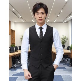 TickElf Men's Suit Vest, Slim Gilet Vest, 4 Buttons, 3 Pockets, Solid Color, With Buckle, V-Neck, Stylish, Outdoor, Formal, Casual, Bartender, Wedding, Joining Ceremony, Spring, Summer, Autumn, Black