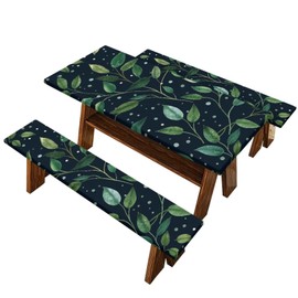 Cugasmaru Picnic Tablecloth Set Green Leaf 8 Ft Picnic Table Cover with Bench Covers 3 Piece Set Camping Gear Waterproof Stain Resistant Reusable Flannel Backing with Elastic Edges