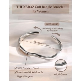 Thunaraz Gold Bangle Bracelets for Women 316L Stainless Steel Adjustable 14K Gold Plated Cuff Bracelet Chunky Square Teardrop Wave Open Jewelry Silver Wave