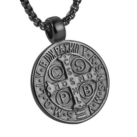 AsAlways St Benedict Exorcism Pendant Necklace for Men Stainless Steel Catholic Roman Cross Demon Protection Ghost Hunter Round Medal Jewelry Gift (Black)