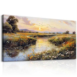 PHAOHUAXM Canvas Wall Art For Bedroom Wall Decorations For Living Room Office Decor Rivulet View Painting Farmhouse Field Scenery Watercolour Pictures Printing Artworks Wall Home Decor 20x40 In