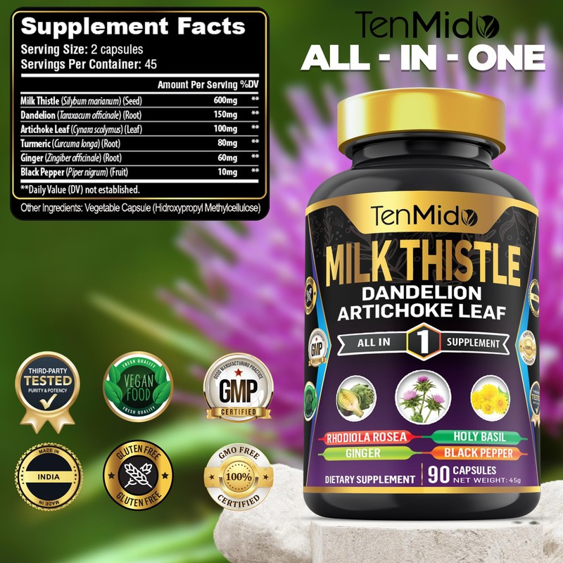 Tenmido Milk Thistle Supplements - 6in1 with Dandelion, Artichoke Leaf,